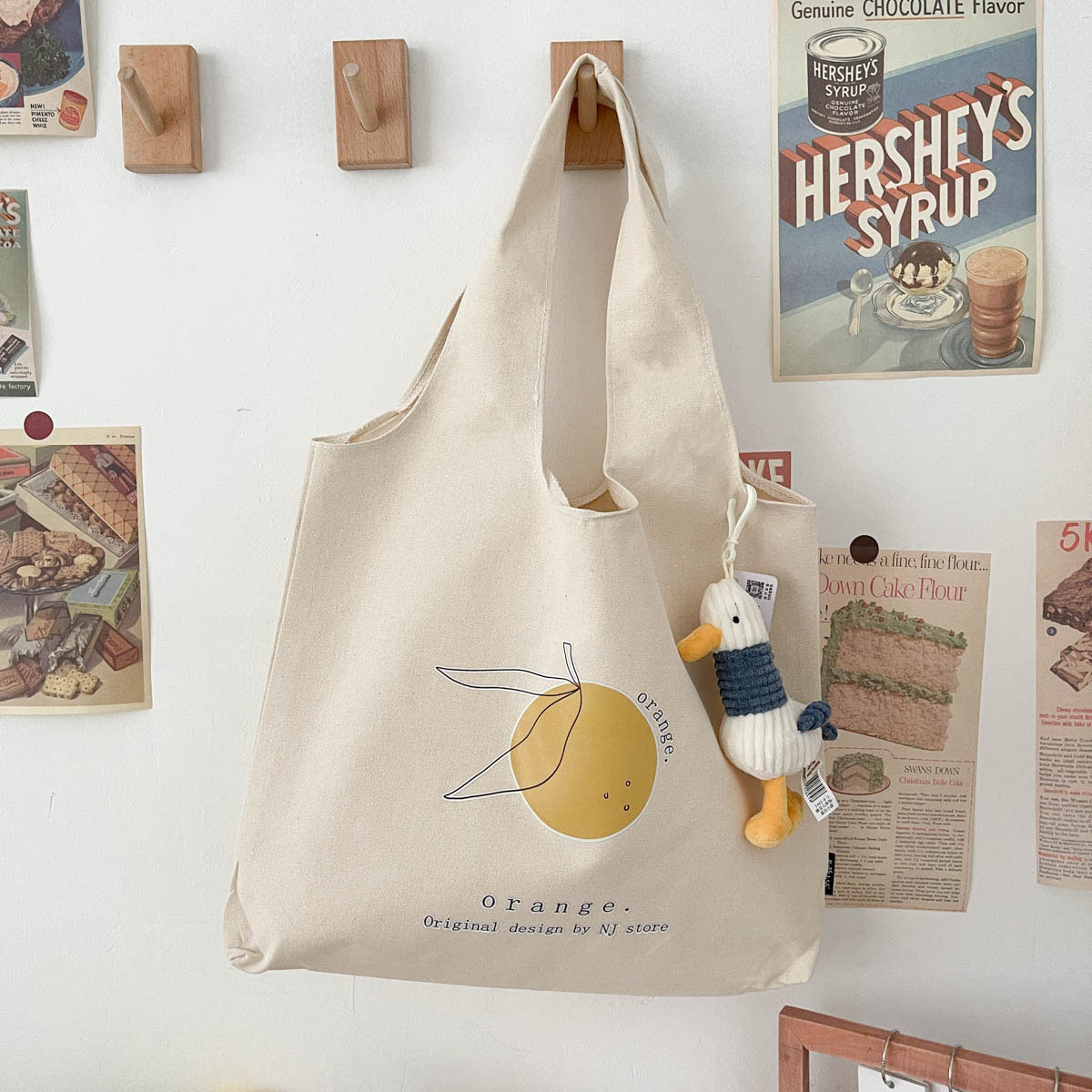 [Hand Painted Orange] Vest Bag + Duck PendantKorean version new pattern solar system commute Design Canvas bag The single shoulder bag high-capacity like a breath of fresh air Versatile Cloth bag female summer