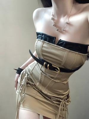 taobao agent Retro khaki bra top, dress, American style, slim fit