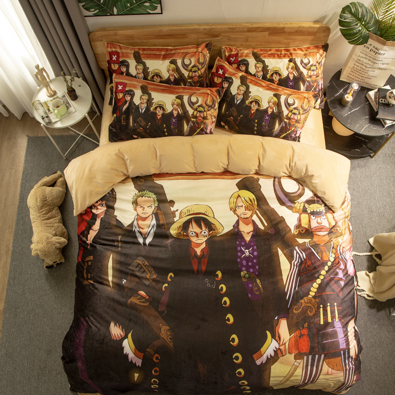 Luffy And His PartyCartoon comic Naruto sheet Four piece suit Yu Zhibo Weasel Quilt cover sheet dormitory Three piece set thickening keep warm