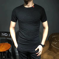 Của nam giới Cao Cổ Ngắn Tay Áo Len Dệt Kim Thời Trang Thư Jacquard Nam Nửa Tay Áo Sơ Mi Dày Lên Thanh Niên Tops phong cách thời trang nam