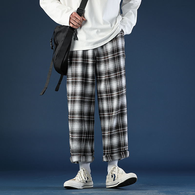 Black and white plaid pants men's Korean fashion versatile autumn and winter loose straight tube show thin drop feeling ruffian casual pants
