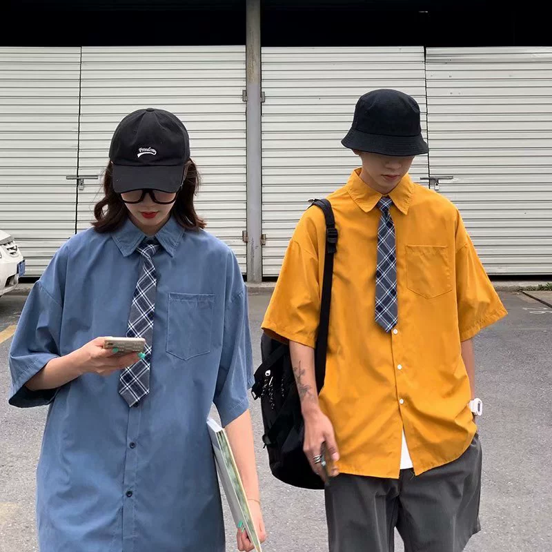 Học sinh hè Hàn Quốc phiên bản retro kiểu Hồng Kông ngắn tay nữ lỏng lẻo áo sơ mi dụng cụ Nhật Bản áo sơ mi tay giữa phong cách Harajuku - Áo sơ mi dài tay