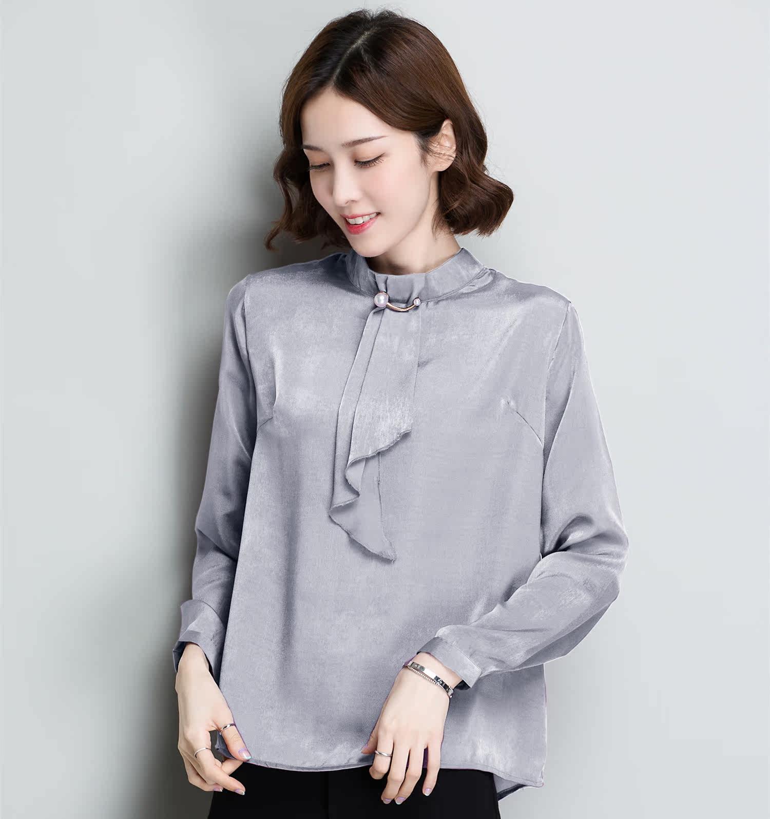 秋冬新款2018新款韩版小立领纯色优雅显瘦铜氨绒打底系带衬衫