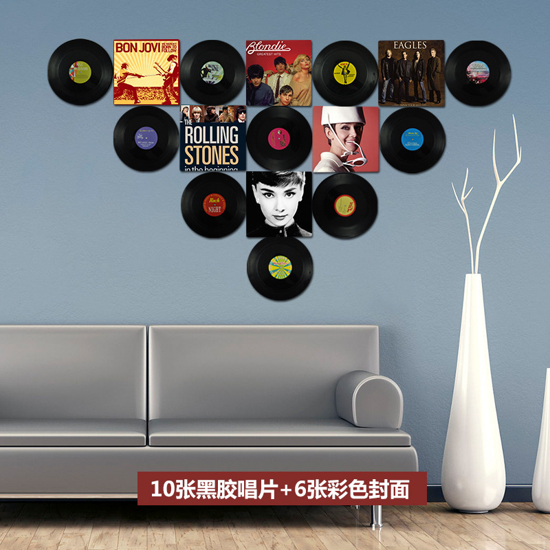 10 Records + 6 PostersVinyl record poster Wall decoration loft Industrial wind Retro shop bar cafe personality background Wall decoration