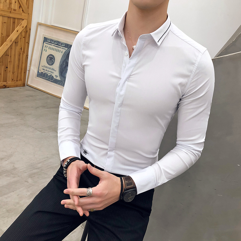 2018春季新款英伦刺绣修身长袖衬衫男纯色绅士寸衫男c116-p60控89