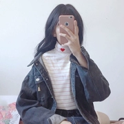 Áo thun sọc nữ dài tay 2018 mùa thu mới Hàn Quốc phiên bản thêu yêu nửa cổ cao thả lỏng áo sơ mi thủy triều