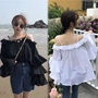 Mùa hè mới Hàn Quốc gió sừng tay áo off-vai áo sơ mi kích thước lớn hoang dã nấm màu tinh khiết áo sơ mi nữ chất béo MM200 kg kiểu áo sơ mi nữ đẹp