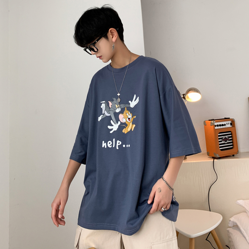 Lovers' Hong Kong Style T-shirt trend loose bottoming shirt boys' short sleeve Korean version ins cat and mouse half sleeve fashion students