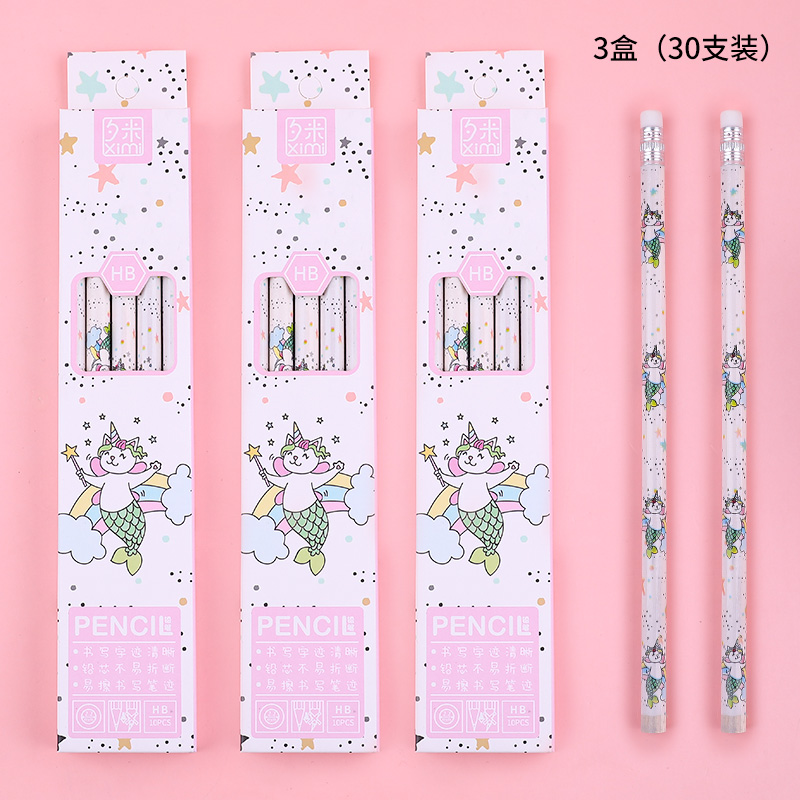 Mermaid (3 Boxes Of 30)Cartoon box-packed crude pencil HB pupil first grade special-purpose belt eraser Stationery prize graduation gift non-toxic