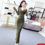 2019 thu đông mới của phụ nữ khí chất Hàn Quốc nữ cổ chữ V dài tay Slim túi xẻ hông váy dài váy nữ - Váy dài