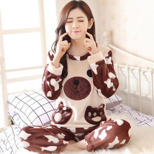 睡衣女2020秋冬季珊瑚绒加绒保暖韩版法兰绒家居服两件套可出门