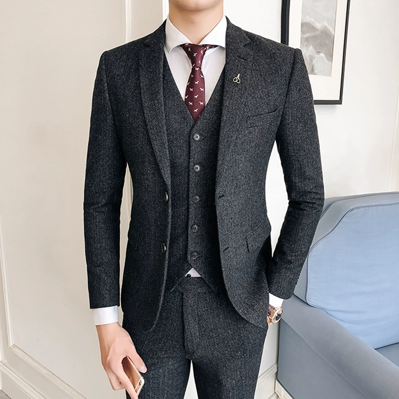 Bộ đồ len phù hợp với nam giới trung niên và nam giới mùa đông ấm áp kinh doanh mùa đông giản dị British Slim phù hợp với thủy triều ba mảnh - Suit phù hợp