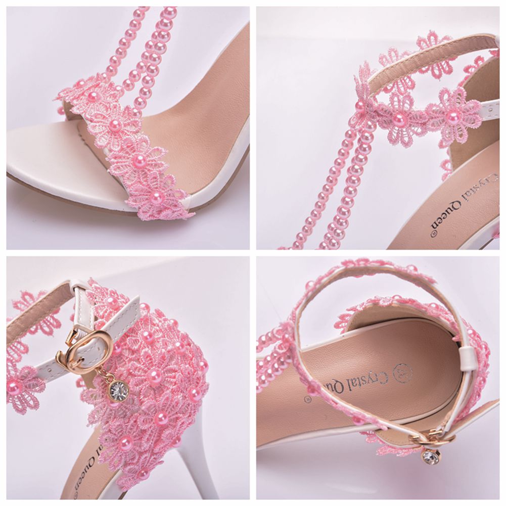 Pink5 centimeter Seven colors Lace Beading Sandals Fine heel Size code Shallow mouth Word band rainbow Sandals Middle heel Women's Shoes