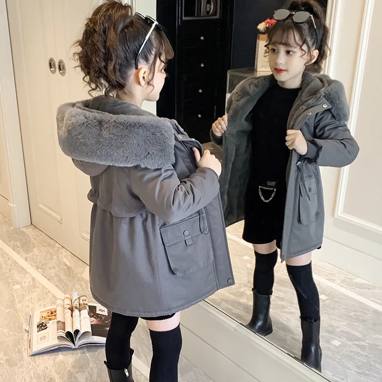 女童加絨加厚派克服中長款韓版時髦兒童風衣女寶棉外套2022鼕裝新