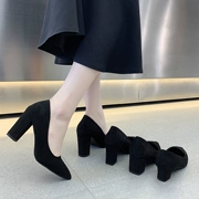 Giày cao gót chuyên nghiệp đế dày nữ 2022 mới da lộn mũi nhọn màu đen nghi thức làm việc gót thấp giày đơn nhỏ dành cho học sinh