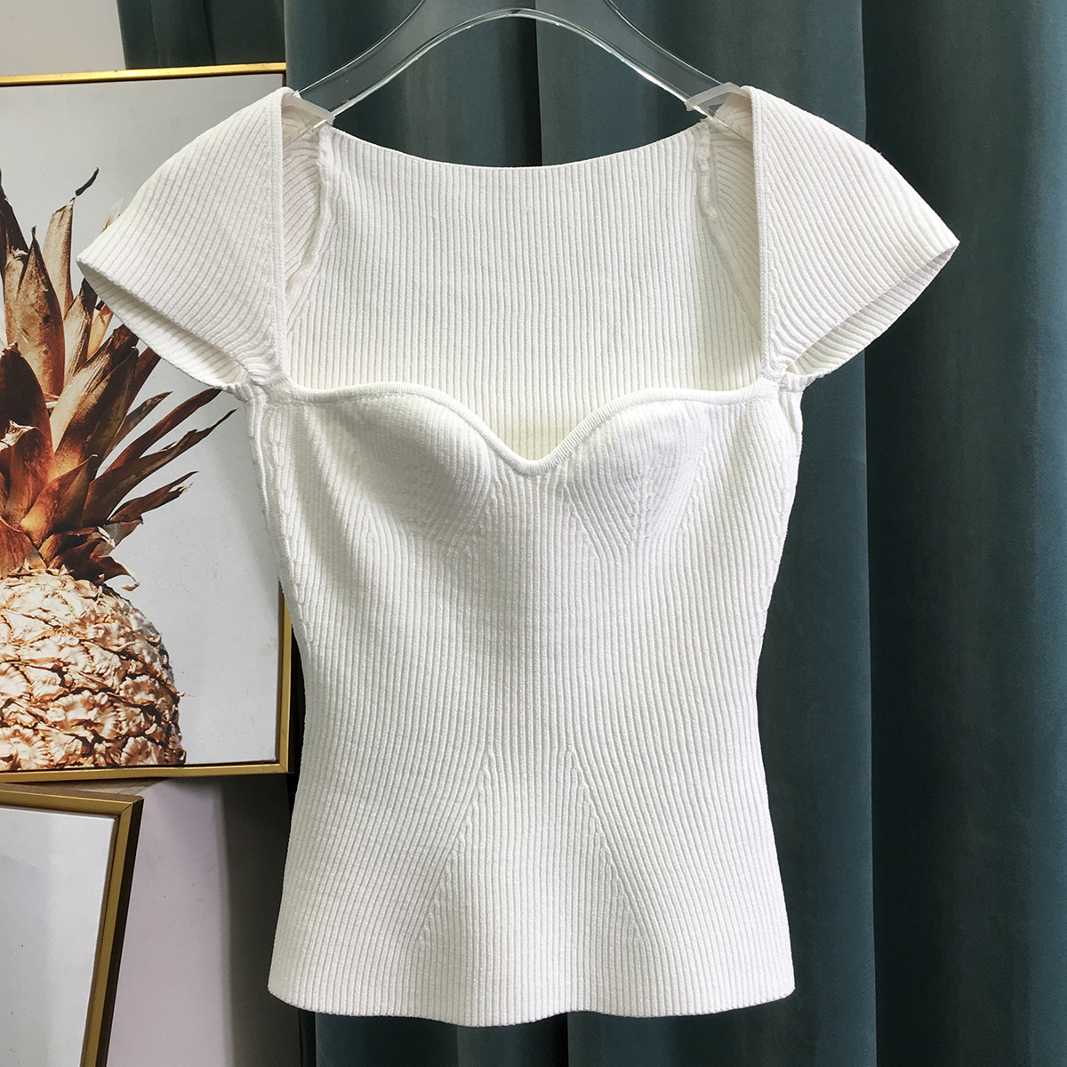 WhiteEAM designer 2021 new pattern sexy three-dimensional undergarment covering the chest and abdomen square neck Self cultivation Short sleeve Thin fish tail knitting jacket