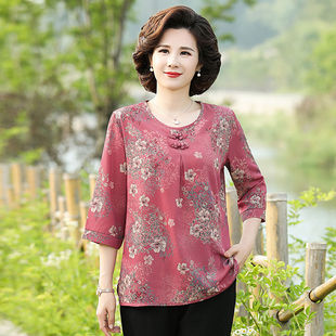 新款中老年女装奶奶装宽松大码中年胖妈妈夏装中袖t恤7分袖上衣女