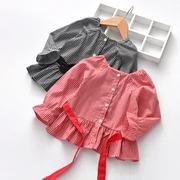 Áo sơ mi nữ mùa thu 2018 mới dài tay phiên bản Hàn Quốc của áo sơ mi nước ngoài cho bé kẻ sọc mùa thu cotton