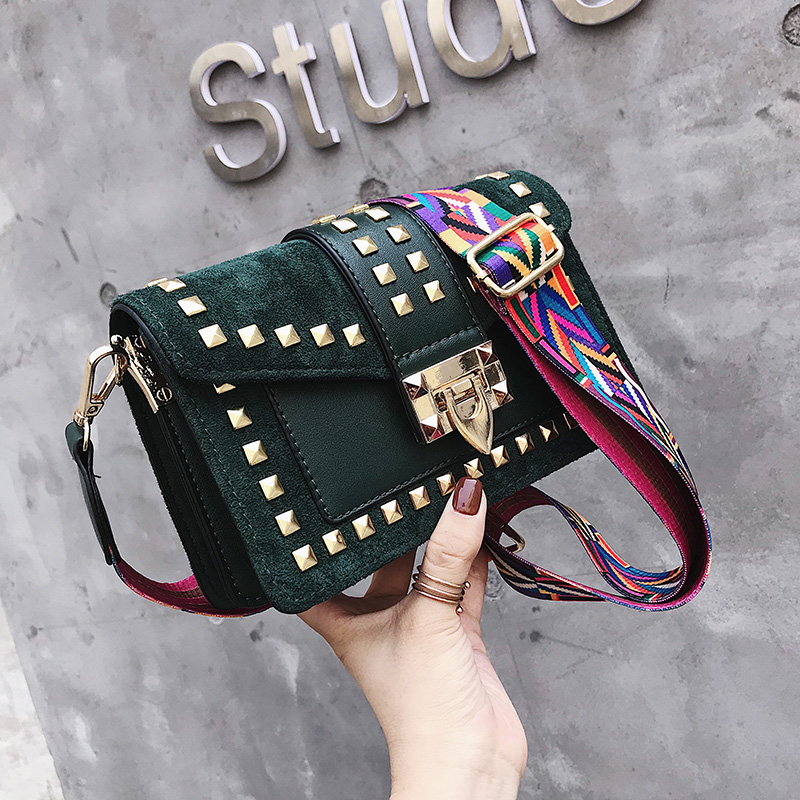 GreenYalaisi texture Flannel rivet Small ck Bag female 2020 new pattern tide fashion Satchel One shoulder Messenger Square bag