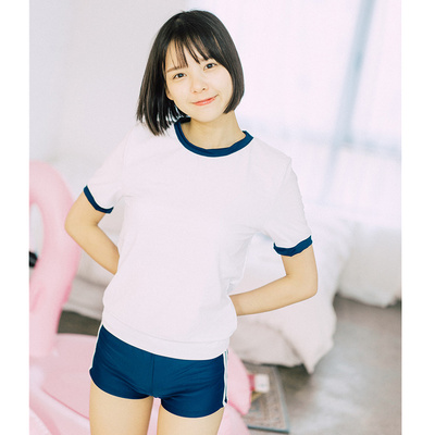 日本系分体泳衣女 海军风 保守 死库水温泉 显瘦 少女平角游泳衣-淘宝网