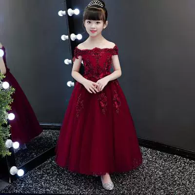 Cô gái từ vai người mẫu catwalk màu đỏ buổi tối sinh nhật váy dài váy trẻ em công chúa váy hoa cô gái fluffy sợi - Váy trẻ em
