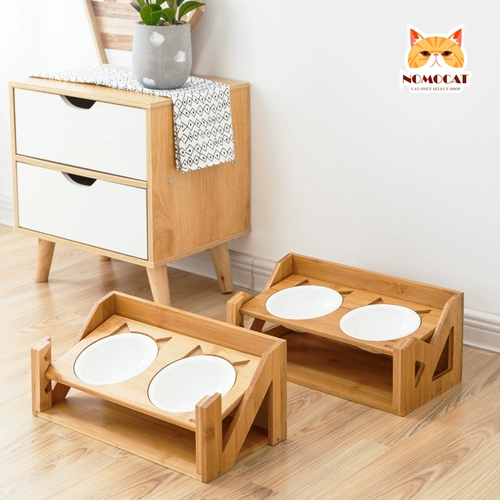 Meow Xian'er Ceramic Cat Bowl Чаша Защитная шея наклонная чаша Двойная чаша может быть отрегулирована на высоком уровне бамбука, а деревянный корм для домашних животных становится кошковым котенком миской