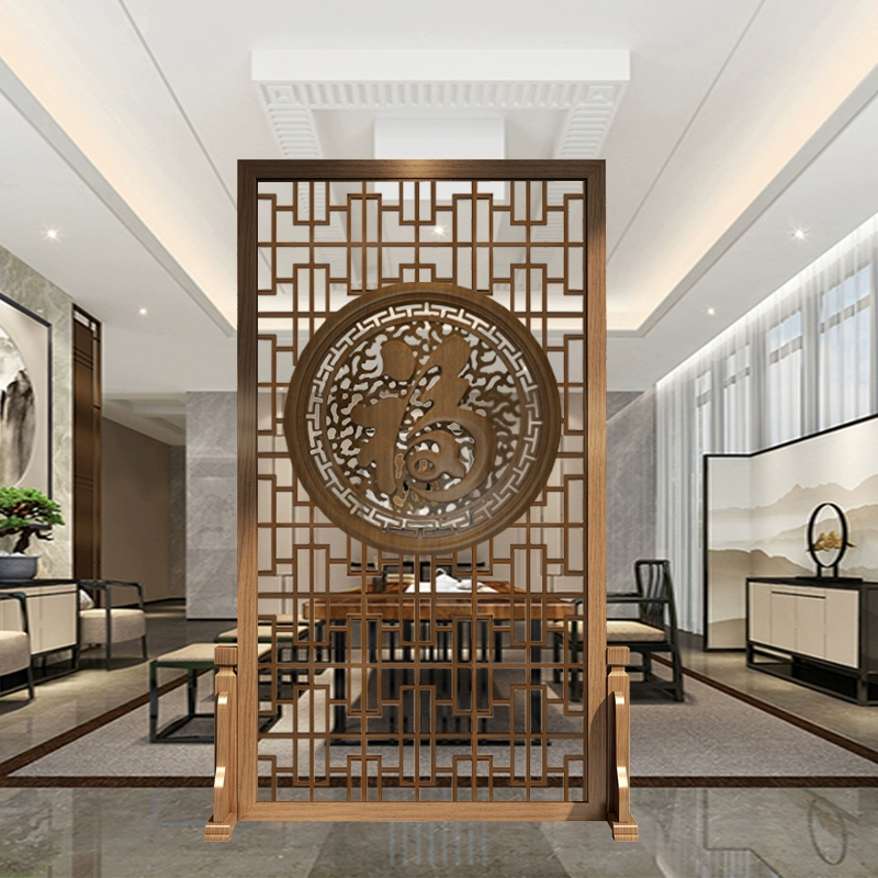 Vách ngăn Trung Quốc tùy chỉnh 
            cho phòng khách và phòng ăn để chặn lối vào và trang trí tiền sảnh bằng lưới gỗ đặc rỗng chạm khắc chữ "Fu" vách ngăn gỗ đẹp 