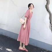2019 phụ nữ mới mùa hè Xiu Xiu cao eo dài đầm nữ màu hồng thắt eo ngắn tay áo v-cổ dài - Váy eo cao