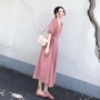 2019 phụ nữ mới mùa hè Xiu Xiu cao eo dài đầm nữ màu hồng thắt eo ngắn tay áo v-cổ dài - Váy eo cao đầm nhún eo che bụng