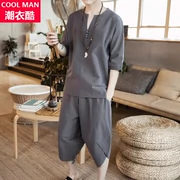 Linen ngắn tay T-Shirt nam phù hợp với phong cách Trung Quốc Tang phù hợp với kích thước lớn 7 điểm tay áo bảy quần cotton quần Mahal hai mảnh mùa hè