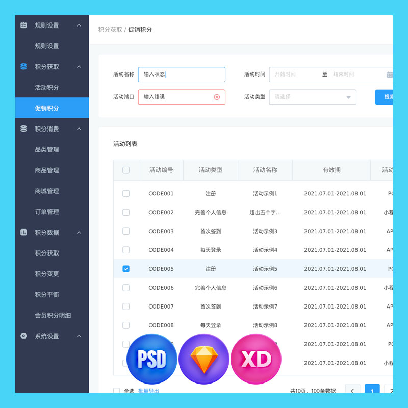 中文整套会员积分后台管理系统UI数据XD模版PSD设计PS素材Sketch