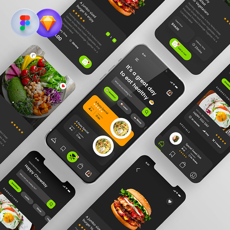 食品生鲜快餐外卖配送APP手机应用界面UI套件sketch设计素材fig