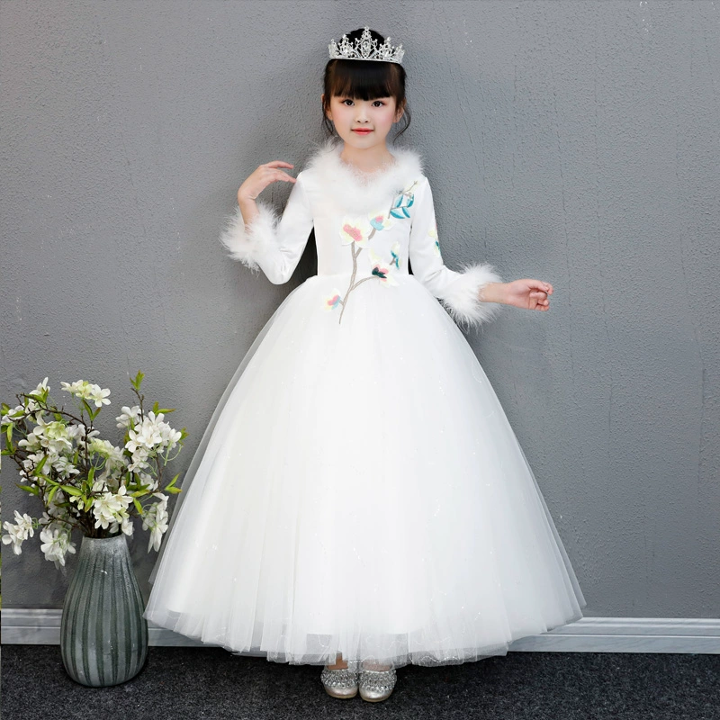 Váy cưới cô gái phồng sợi dài tay áo dày trẻ em chủ nhà váy công chúa váy trắng hoa cô gái mùa đông - Váy trẻ em