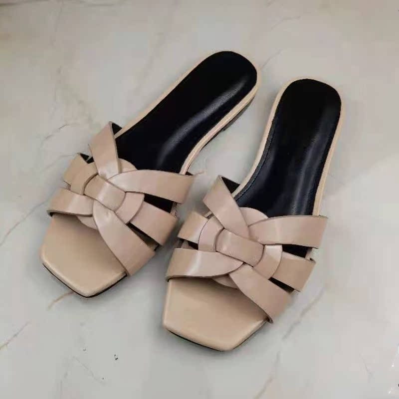 Light Pink2021 summer new pattern weave Crisscross zone cool Flat bottom slipper female genuine leather Shallow mouth Wear out fashion leisure time Flip flop tide