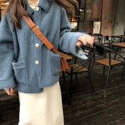 U 77 đơn giản ve áo khóa dụng cụ lông cừu túi áo dày phần dài Phiên bản Hàn Quốc của áo khoác ngắn mùa đông lỏng lẻo