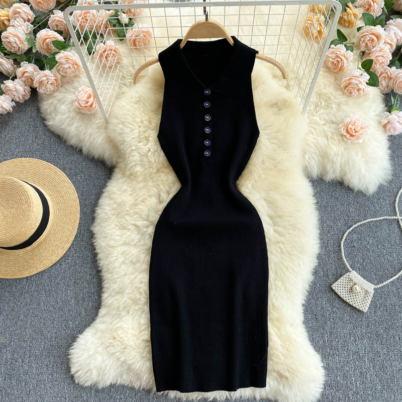 BlackEurope and America ins Women's wear 2021 new pattern tide sexy Tight fitting skirt temperament Polo collar Sleeveless knitting Dress
