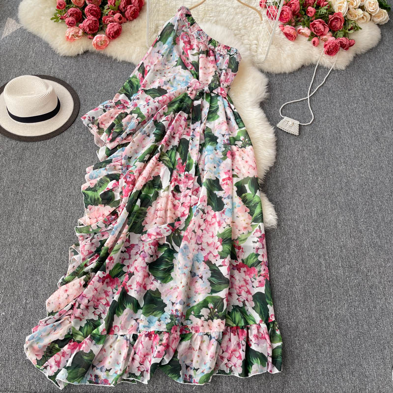 GreenEurope and America chic Broken flower Dress Scheming Slant collar One shoulder Elegant Smart Ruffles fairy temperament on vacation skirt