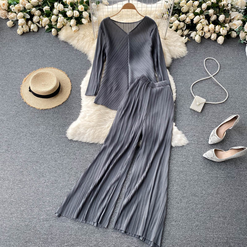 GreyYu Jiefeng summer wear ma'am temperament suit 2021 new pattern female Sense of design heavy industry Crimping Wide leg pants Two piece set