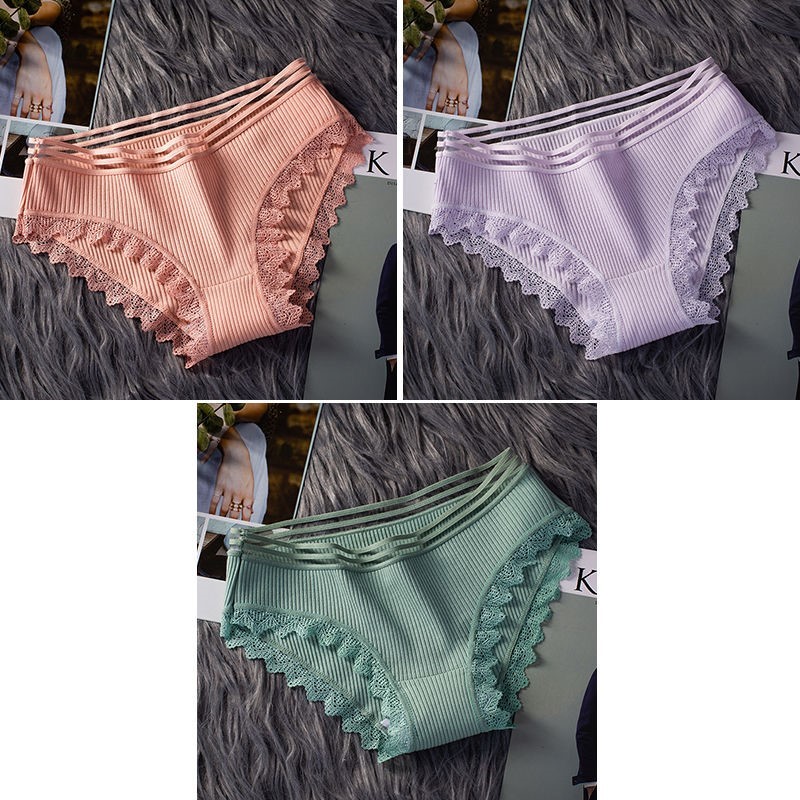 042 Bean Red + Bean Green + Purple2 strip / 3 strip ma'am underpants female pure cotton solar system Korean version Cotton girl student middle-waisted girl student Lace Briefs