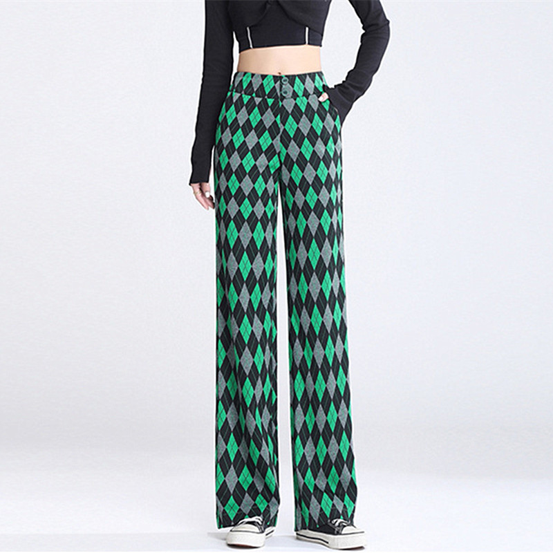 2022 Spring/Summer new trendy women's floor-length pants, fashionable checked wide-leg pants, women's casual and versatile wide-leg straight-leg pants