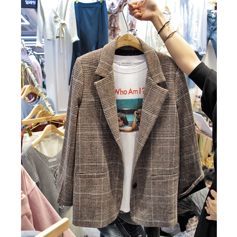Chống mùa giải phóng mặt bằng mùa thu mùa thu mới của Hàn Quốc retro kẻ sọc nhỏ phù hợp với áo khoác nữ thẳng giản dị phù hợp với cổ áo phù hợp với