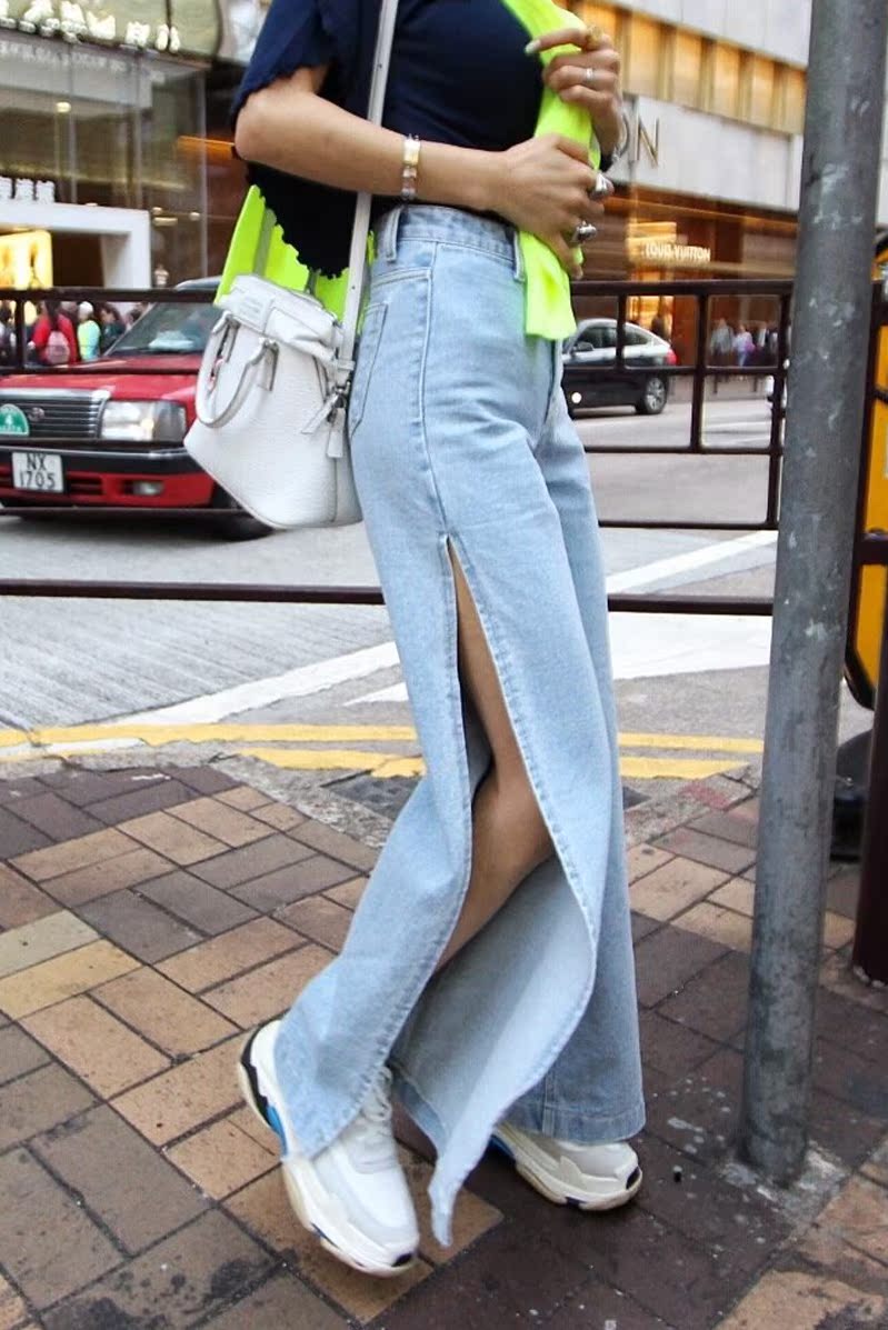 192 韩国 敲带风 高开叉阔腿裤牛仔裤