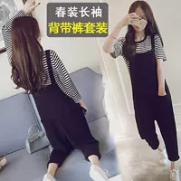 Quần bà bầu mùa xuân yếm mùa xuân và mùa thu áo dài tay cho bà bầu quần dài size rộng thời trang hai mảnh - Phụ nữ mang thai quần / quần bụng quần thun bầu