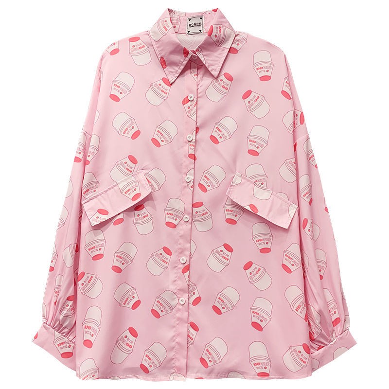 Pink2021 Korean version shirt beautiful girl easy trend leisure time Retro Good morning! spring and autumn jacket Long sleeve schoolgirl shirt female