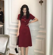 Châu Âu trạm 2019 phụ nữ mới retro đầu gối Yamamoto grandiflorum Pháp búp bê cổ áo eo gầy chiếc váy mùa hè - Váy eo cao