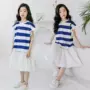 Trẻ em mặc 2019 cô gái Đại Liên váy sọc trong váy trẻ em lớn váy hoa sen váy khâu cha mẹ-con cài đặt khác - Khác đồ bộ cho bé gái