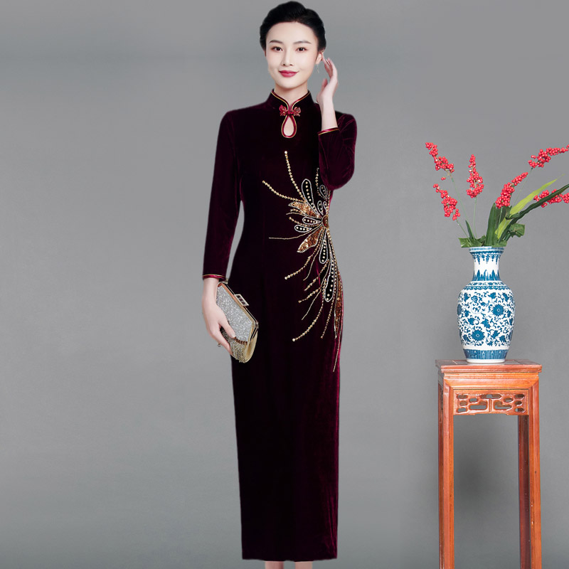 Elegant velvet wedding dress, long cheongsam, Chinese style, plus size, long sleeve