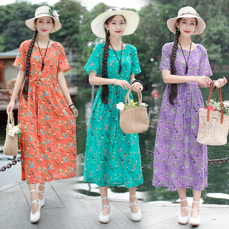 Phong cách dân tộc của phụ nữ cotton và vải lanh in váy mùa hè kích thước lớn lỏng lẻo eo giảm béo váy dài vải lanh váy ngắn tay - Váy dài