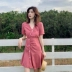 Châu Âu 2019 phụ nữ mới khôn ngoan retro hút thuốc siêu khí Sen ngọt ngào thắt lưng cổ chữ V - Váy eo cao Váy eo cao