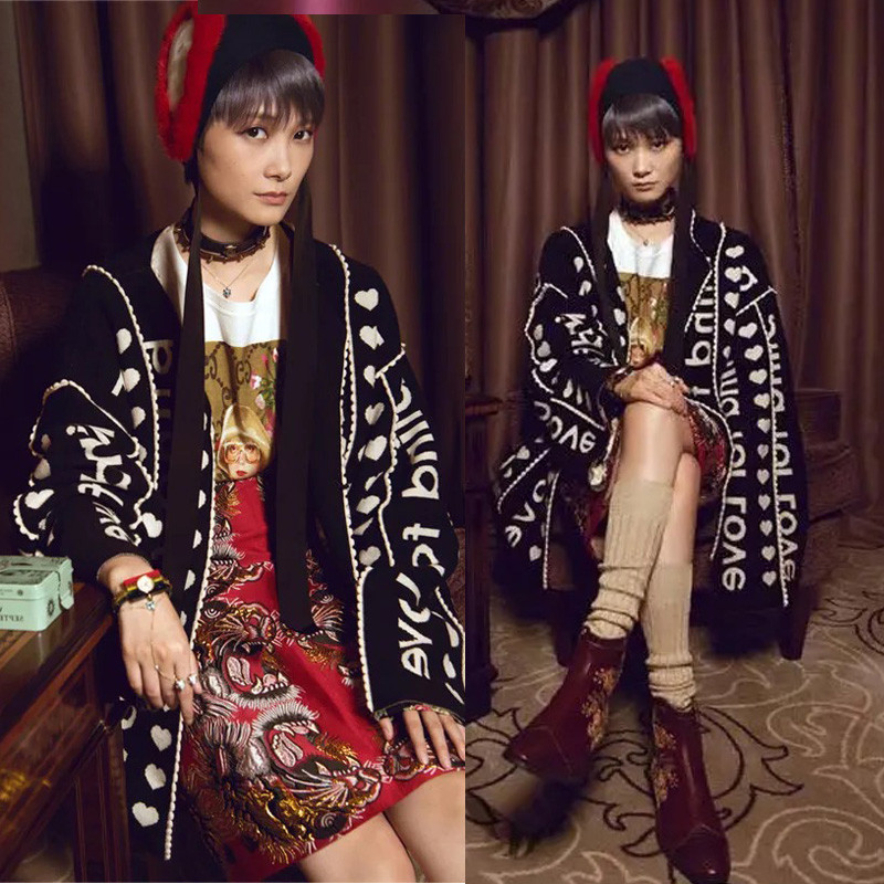 李宇春同款重工立体提花英文字母桃爱心宽松中长款针织开衫女毛衣